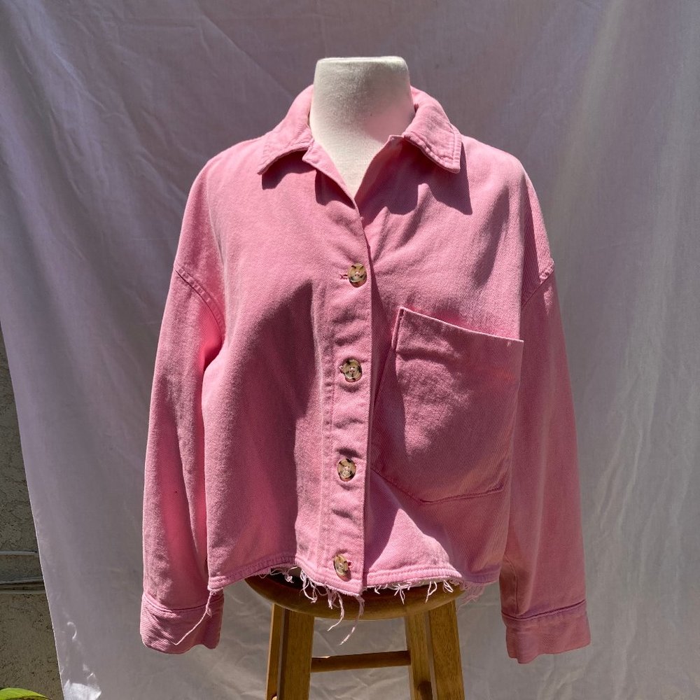 ZARA Pink Denim Frayed Jean Jacket